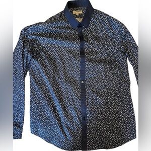 Express Men's Navy and Black Patterned Dress Shirt